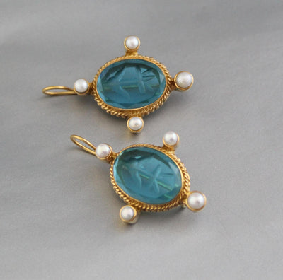Blue Glass Intaglio Earrings, 1920s Oval Drops, Brass, photo 10