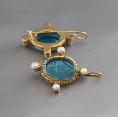 Blue Glass Intaglio Earrings, 1920s Oval Drops, Brass