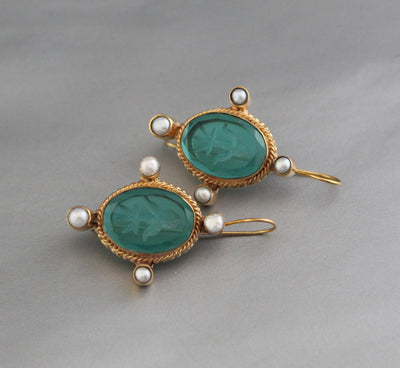 Green Glass Intaglio Earrings, Oval Pearl Accent, 18K Gold, photo 6
