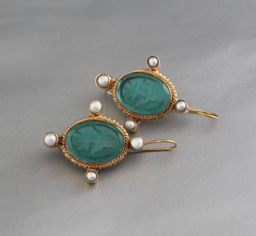 Green Glass Intaglio Earrings, Oval Pearl Accent, 18K Gold, photo 6