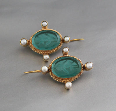 Green Glass Intaglio Earrings, Oval Pearl Accent, 18K Gold, photo 2
