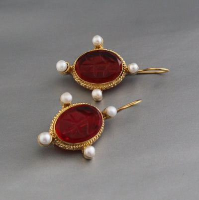 Red Glass Intaglio Earrings, Vintage Victorian Gold with Pearls, photo 5