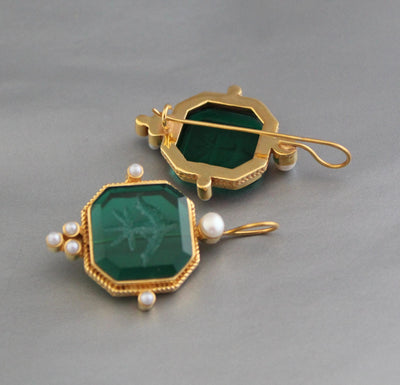 Green Square Intaglio Earrings, 1920s Art Deco Style, Gold Plated, photo 9
