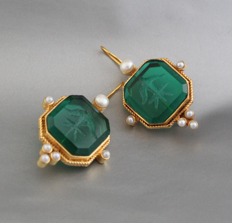 Green Square Intaglio Earrings, 1920s Art Deco Style, Gold Plated, photo 10