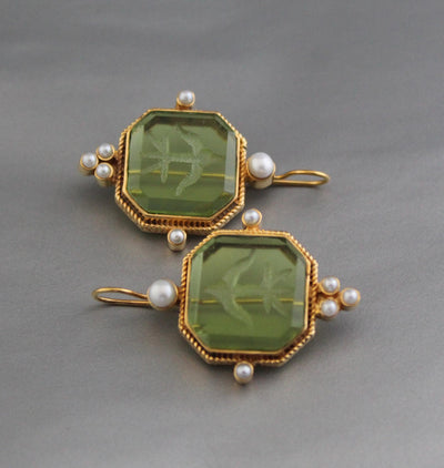 Green Square Intaglio Earrings, 1920s Art Deco Pearl Drops, Gold Plated, photo 2