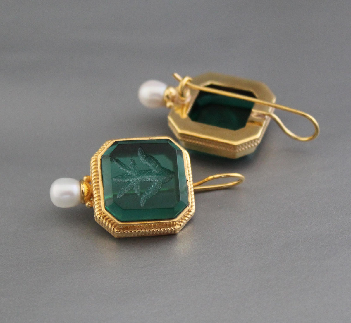 Green Glass Intaglio Earrings, Victorian Art Deco, 14K Gold