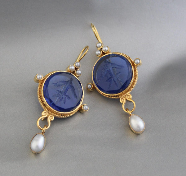 Blue Glass Intaglio Earrings, Vintage Bridal Pearl Drops, Brass