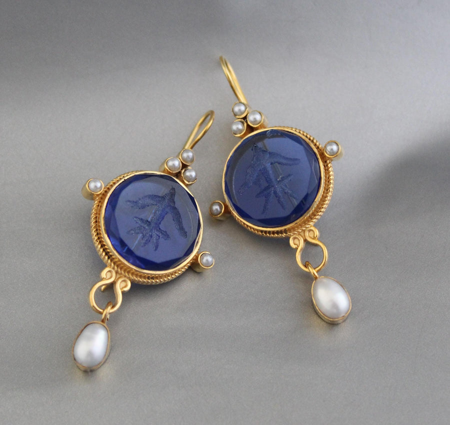 Blue Glass Intaglio Earrings, Vintage Bridal Pearl Drops, Brass