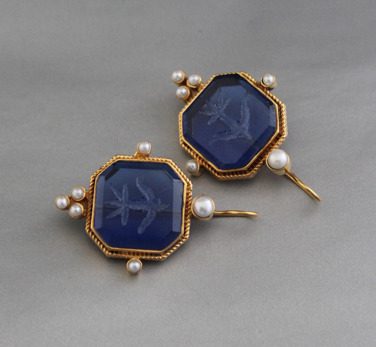 Blue Glass Intaglio Earrings, Victorian Dangles with Pearls, Brass, photo 4