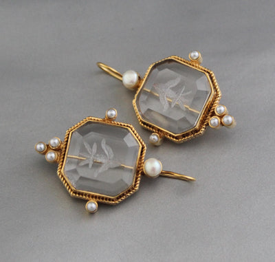 Intaglio Glass Earrings, Victorian Art Deco Style, 18K Gold Vermeil