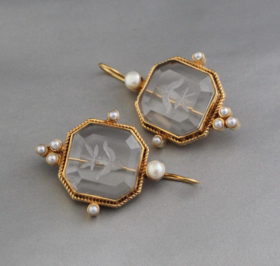 Intaglio Glass Earrings, Victorian Art Deco Style, 18K Gold Vermeil