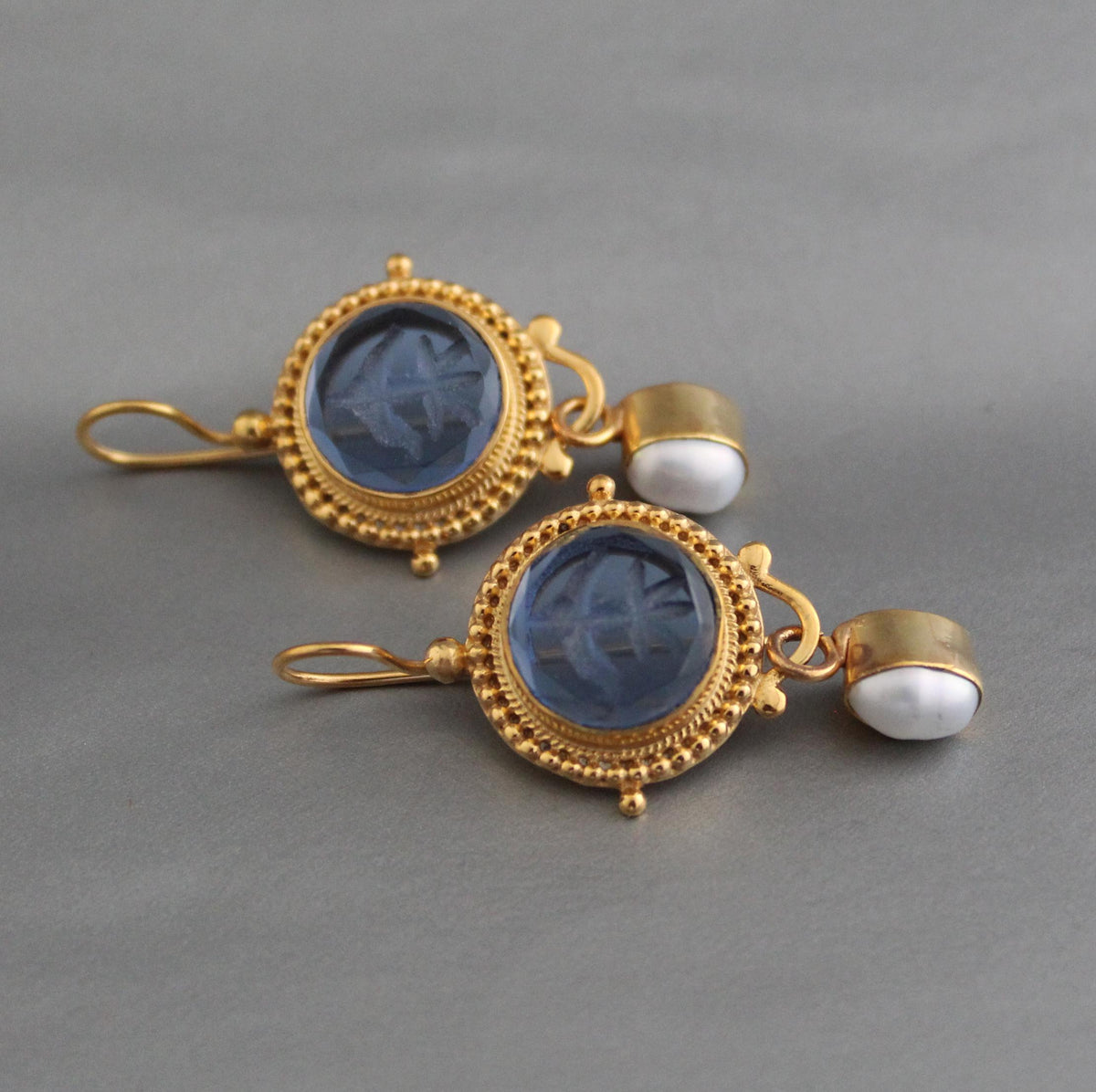 Blue Intaglio Crystal Earrings, Antique Style, Gold Brass, photo 4