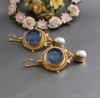 Blue Intaglio Crystal Earrings, Antique Style, Gold Brass, photo 2