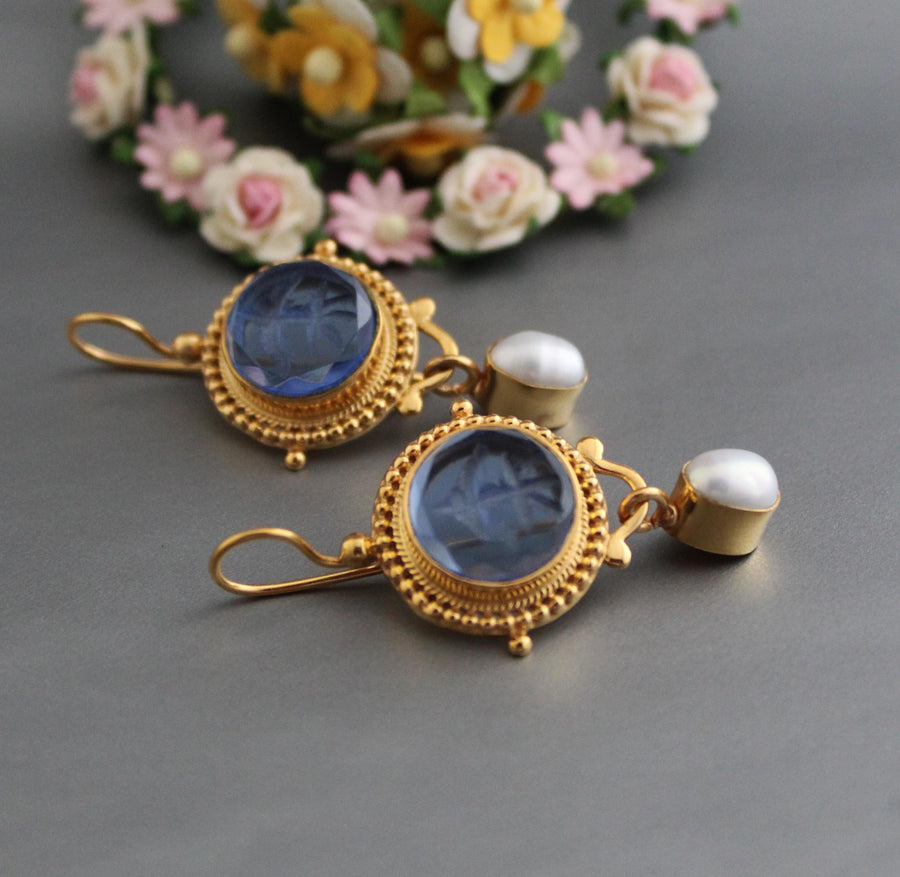 Blue Intaglio Crystal Earrings, Antique Style, Gold Brass, photo 2