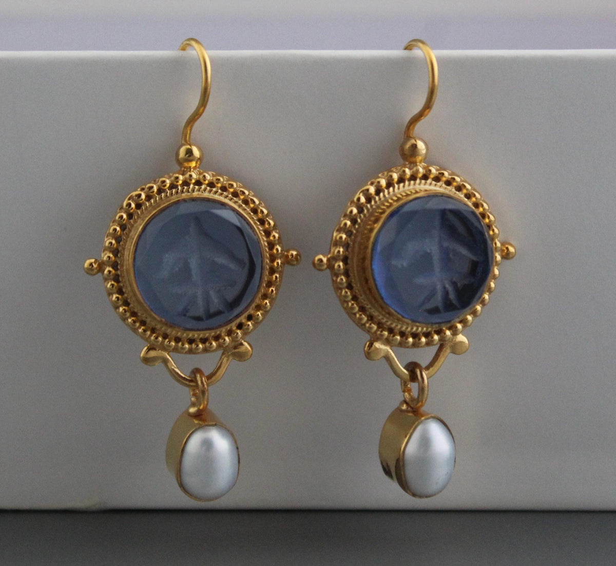 Blue Intaglio Crystal Earrings, Antique Style, Gold Brass, photo 8