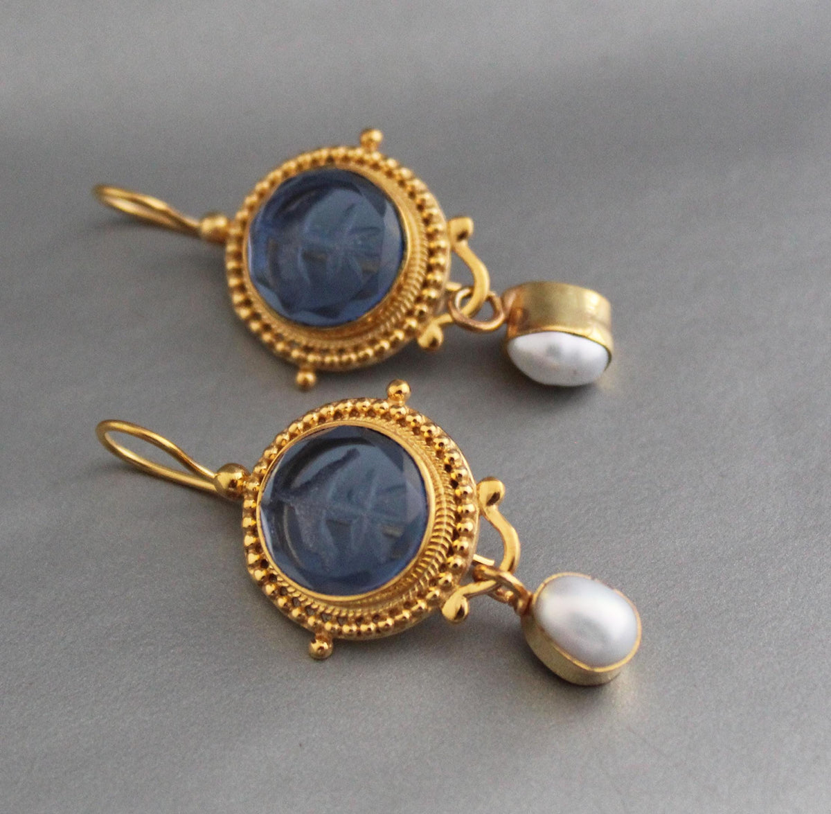 Blue Intaglio Crystal Earrings, Antique Style, Gold Brass, photo 7