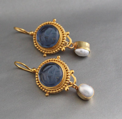 Blue Intaglio Crystal Earrings, Antique Style, Gold Brass, photo 7