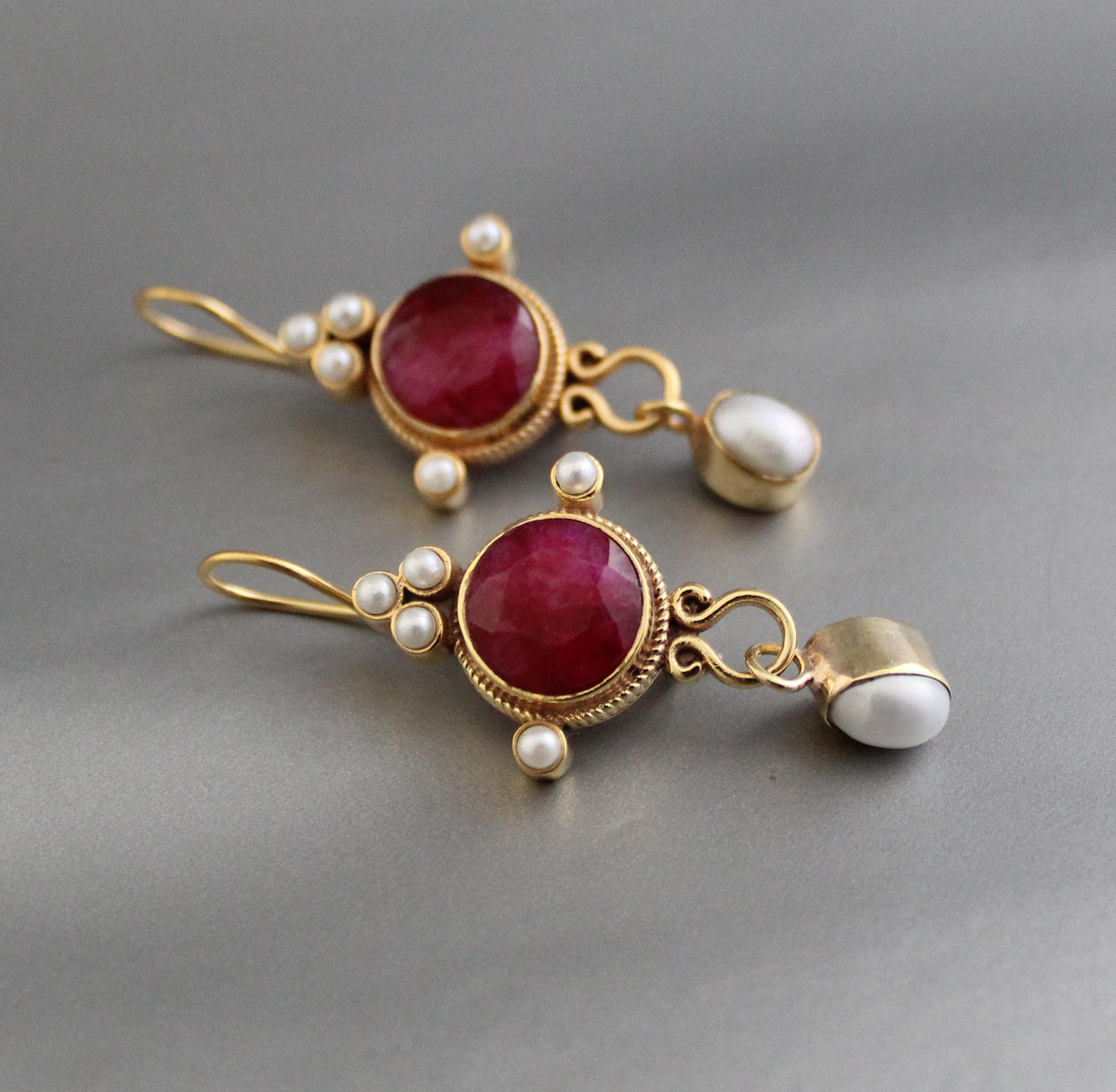 Ruby and Pearl Dangle Earrings, Victorian Bridal, 14K Gold, photo 5