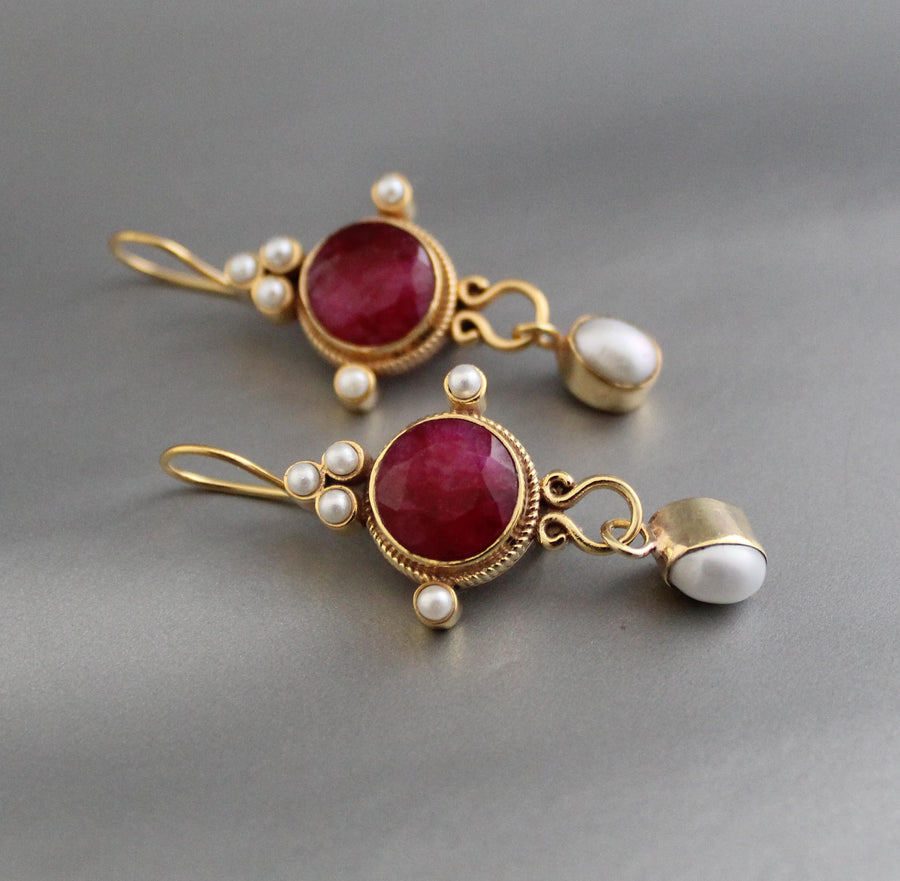 Ruby and Pearl Dangle Earrings, Victorian Bridal, 14K Gold, photo 5