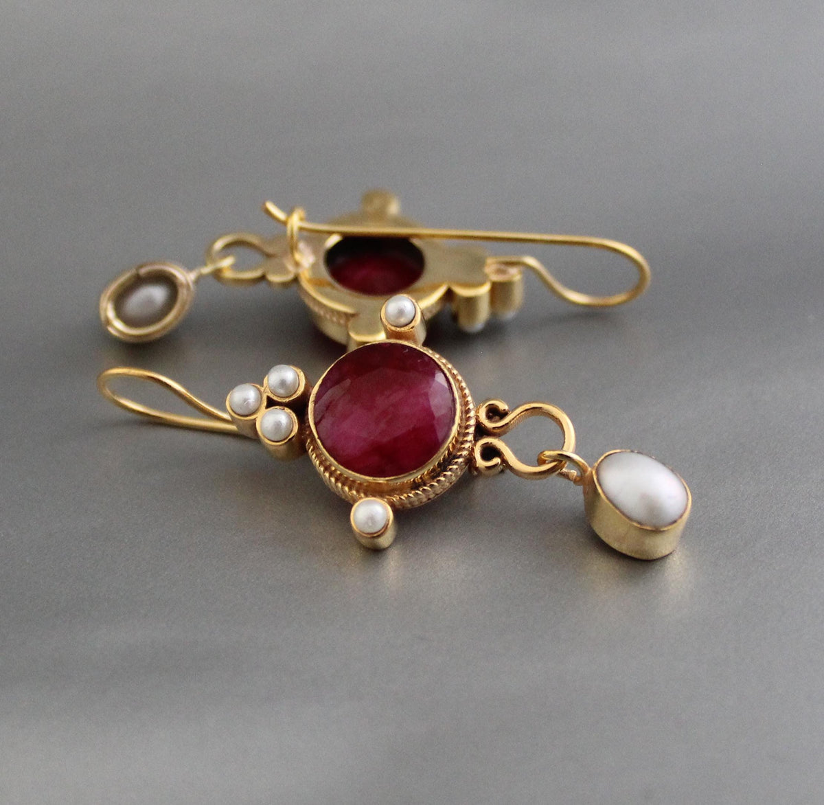 Ruby and Pearl Dangle Earrings, Victorian Bridal, 14K Gold, photo 7