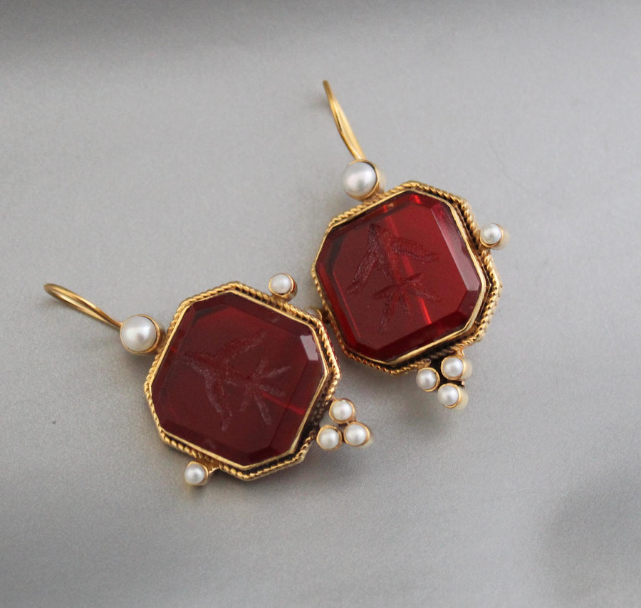 Red Intaglio Crystal Earrings, Victorian Style, 18K Gold, photo 7