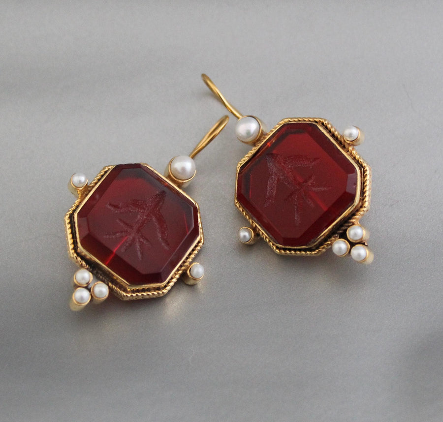 Red Intaglio Crystal Earrings, Victorian Style, 18K Gold, photo 8
