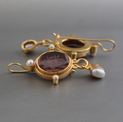 Purple Glass Intaglio Earrings, Vintage Style, photo 8