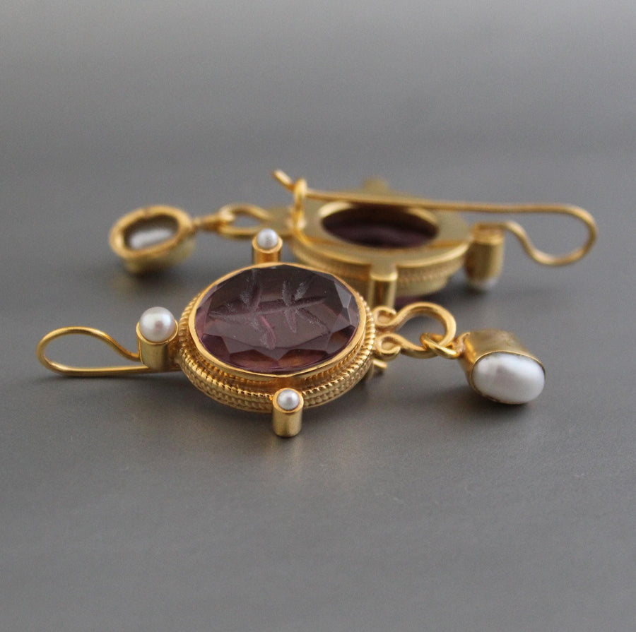 Purple Glass Intaglio Earrings, Vintage Style, photo 8