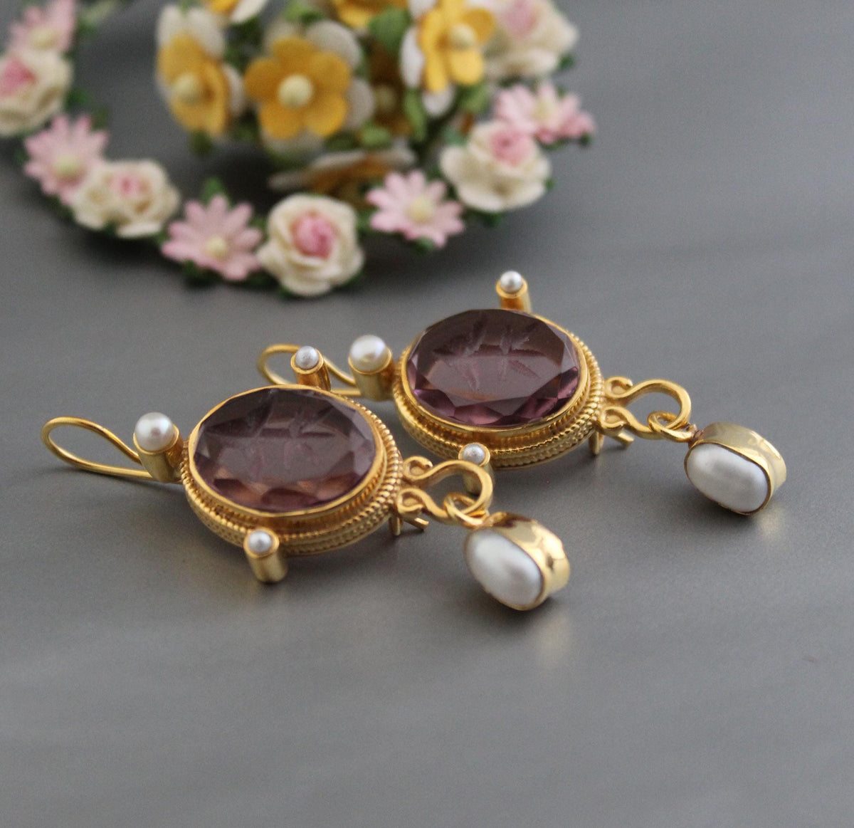 Purple Glass Intaglio Earrings, Vintage Style