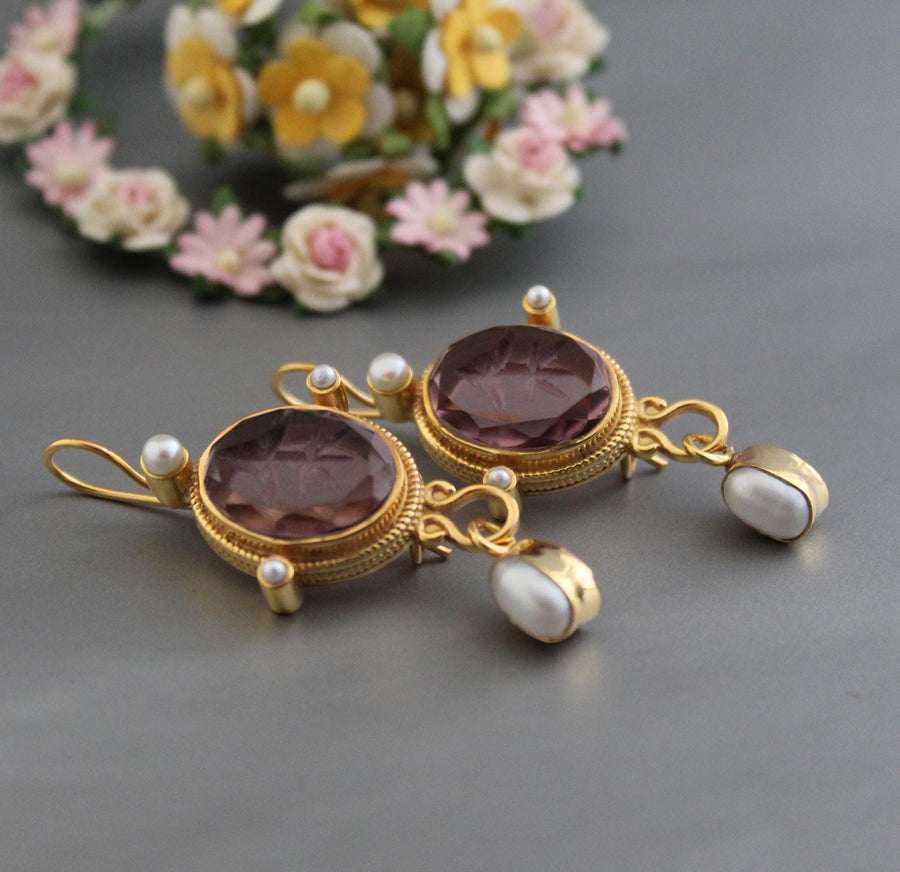 Purple Glass Intaglio Earrings, Vintage Style