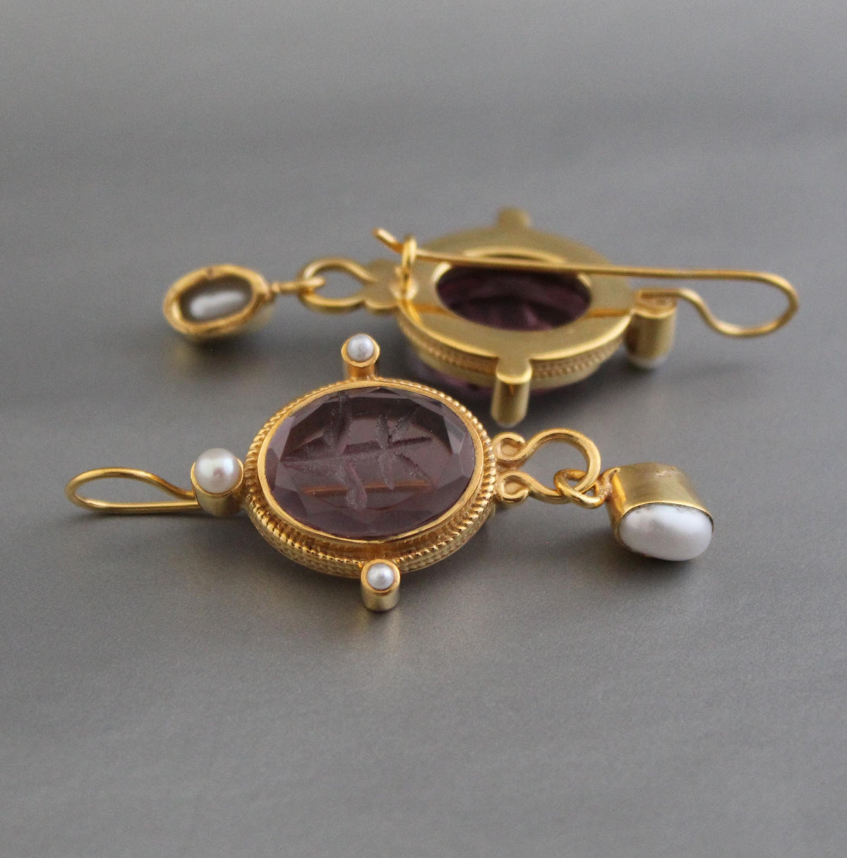 Purple Glass Intaglio Earrings, Vintage Style, photo 7