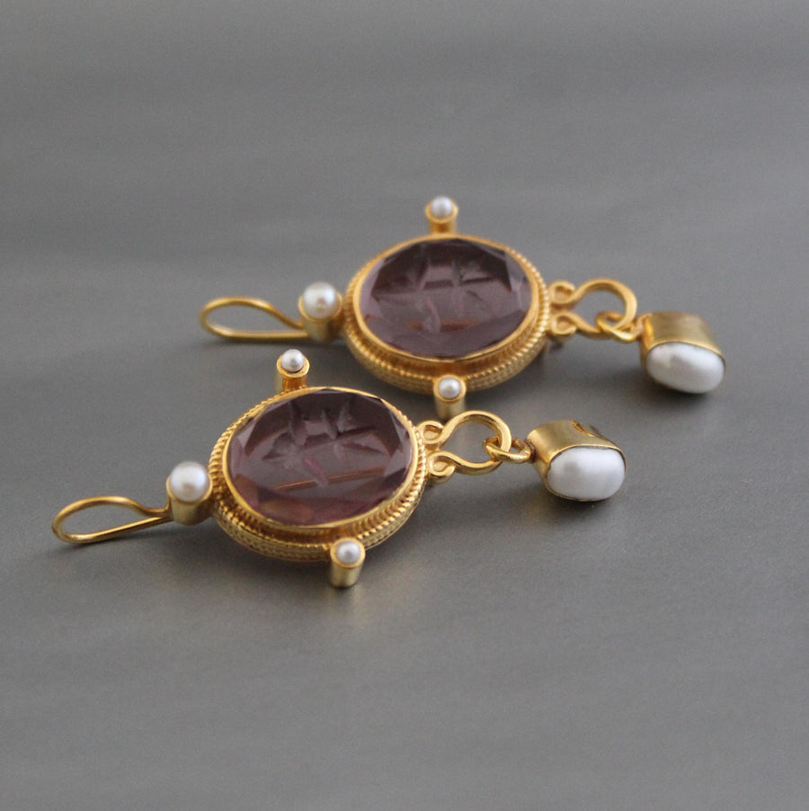 Purple Glass Intaglio Earrings, Vintage Style, photo 6