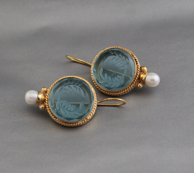 Blue Laurel Wreath Intaglio Earrings, Art Nouveau Style, Gold, photo 11