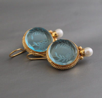 Blue Laurel Wreath Intaglio Earrings, Art Nouveau Style, Gold, photo 10