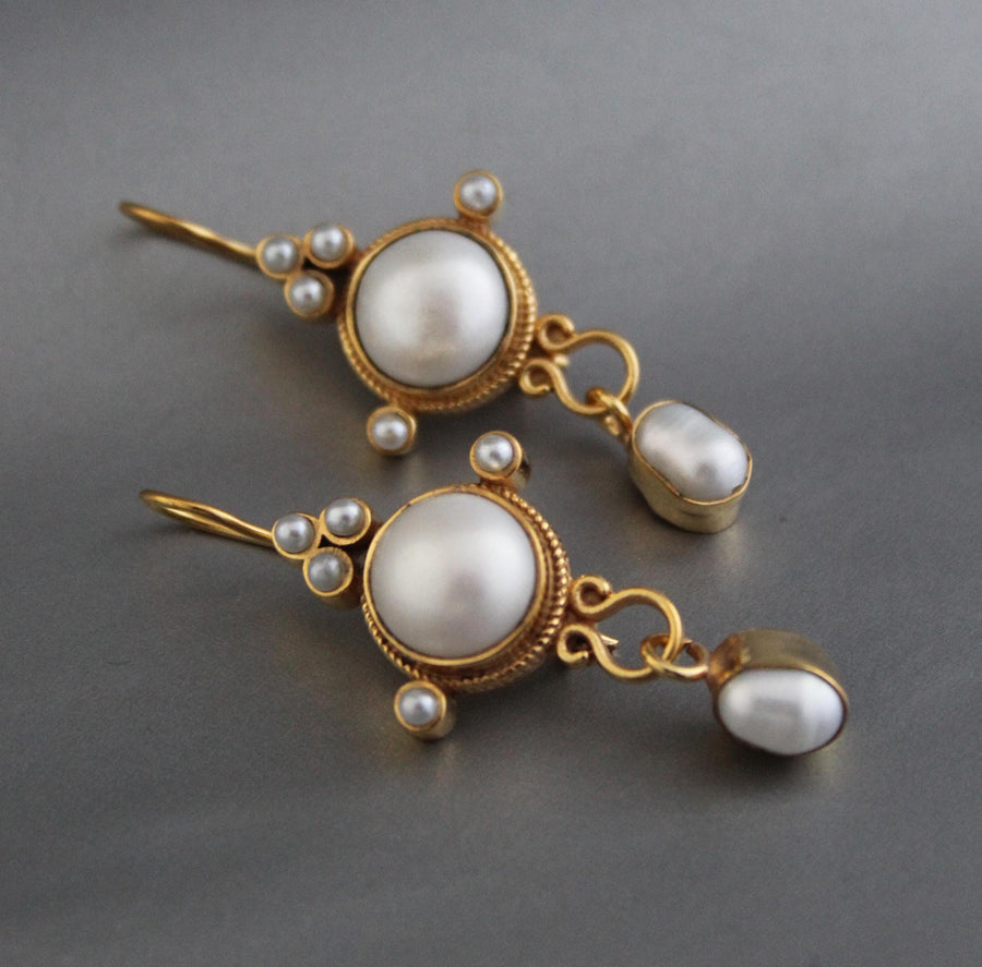 Intaglio Pearl Earrings, 1920s Vintage Style, Gold, photo 10