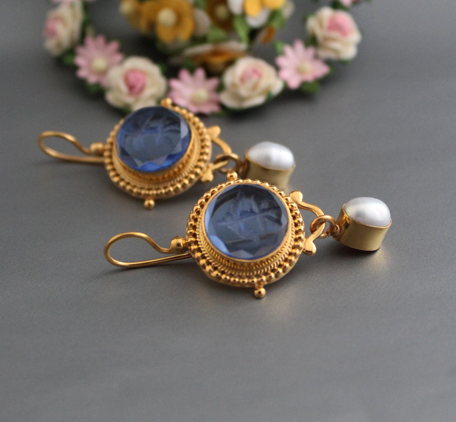 Blue Intaglio Crystal Earrings, Antique Style, Gold Brass