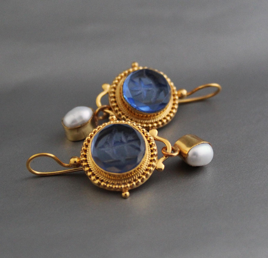 Blue Intaglio Crystal Earrings, Antique Style, Gold Brass, photo 5