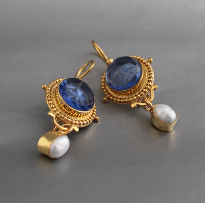 Blue Intaglio Crystal Earrings, Antique Style, Gold Brass, photo 6