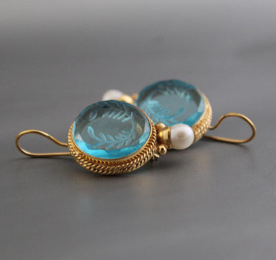 Blue Laurel Wreath Intaglio Earrings, Art Nouveau Style, Gold, photo 9
