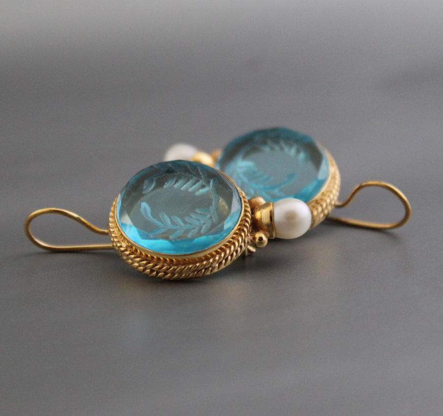 Blue Laurel Wreath Intaglio Earrings, Art Nouveau Style, Gold, photo 9