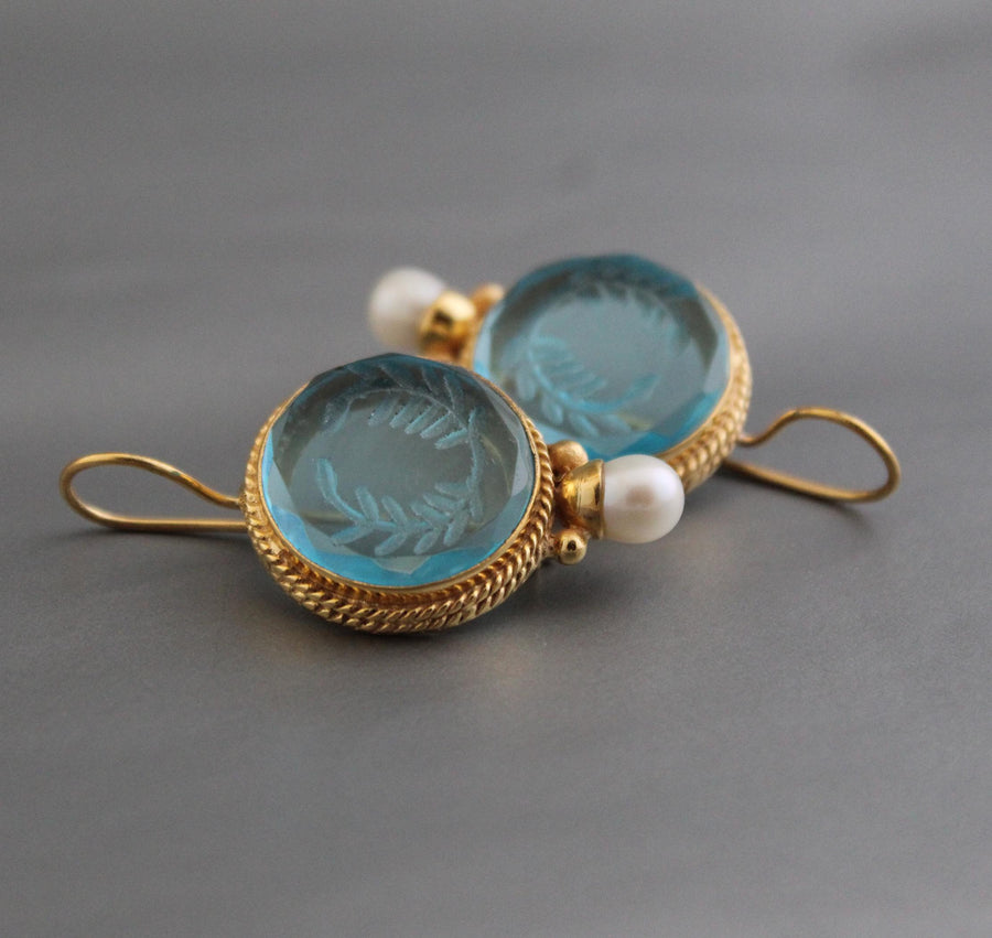 Blue Laurel Wreath Intaglio Earrings, Art Nouveau Style, Gold, photo 6
