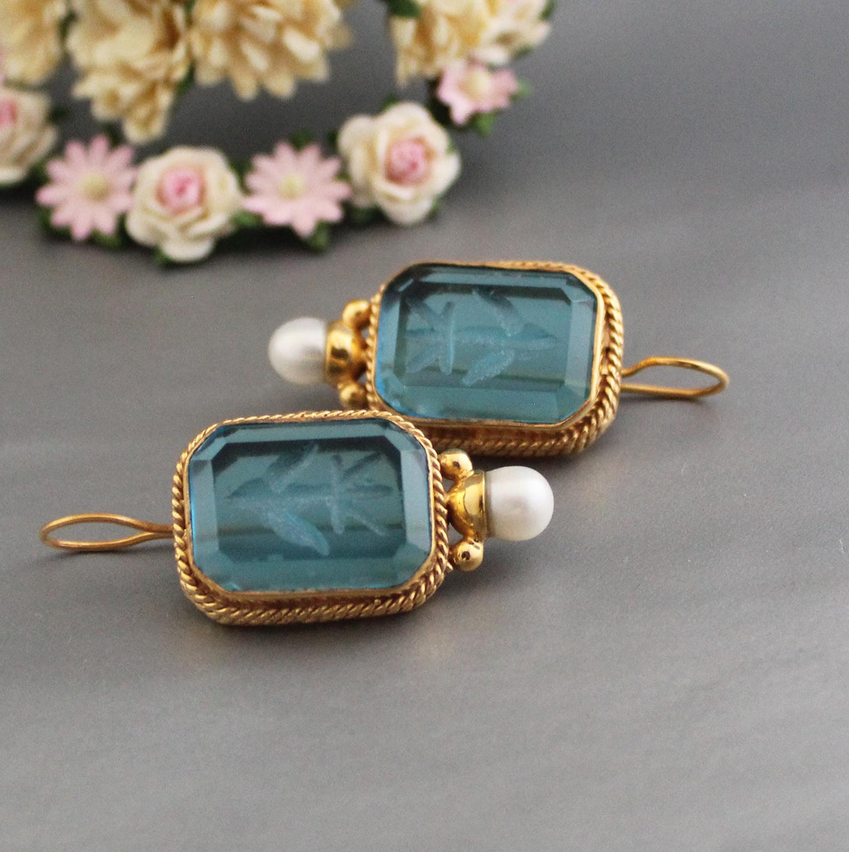 Blue Glass Intaglio Earrings, Victorian Pearl Style, 18K Gold Vermeil