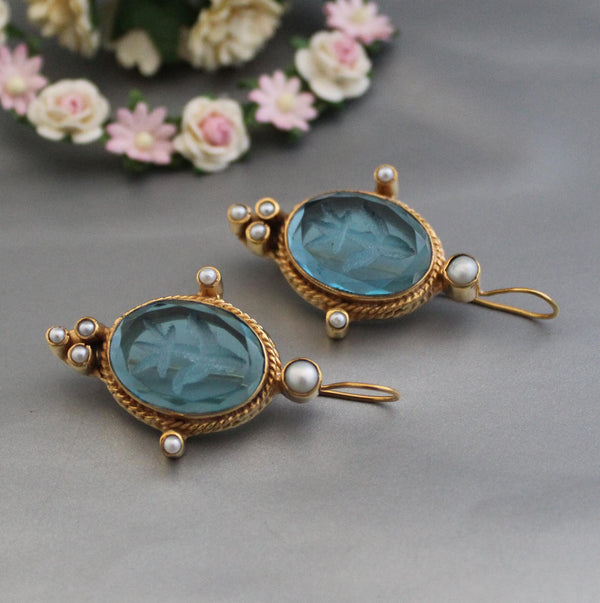Blue Glass Intaglio Earrings, Victorian Style, 18K Gold Brass with Pearls