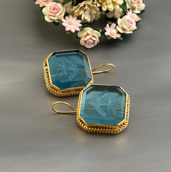 Blue Intaglio Glass Earrings, Victorian Style, Brass