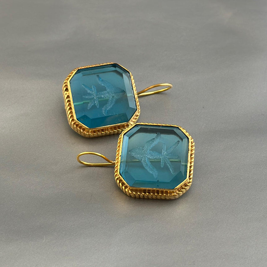 Blue Intaglio Glass Earrings, Victorian Style, Brass, photo 2