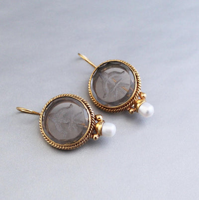 Smoky Quartz Intaglio Drop Earrings, Victorian Style, Brass, photo 2
