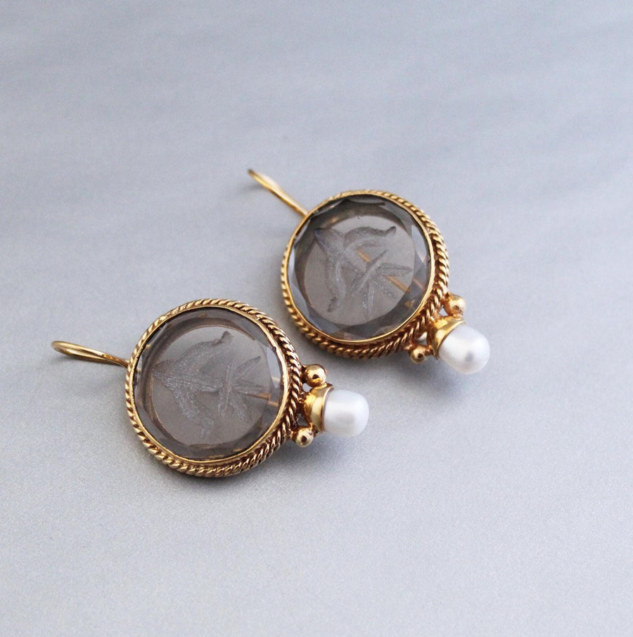 Smoky Quartz Intaglio Drop Earrings, Victorian Style, Brass, photo 2