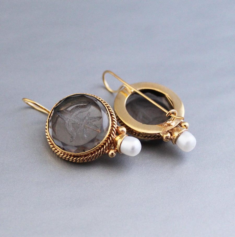 Smoky Quartz Intaglio Drop Earrings, Victorian Style, Brass, photo 5