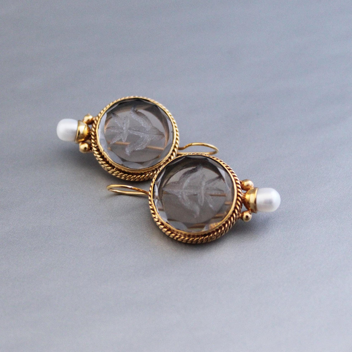 Smoky Quartz Intaglio Drop Earrings, Victorian Style, Brass, photo 12