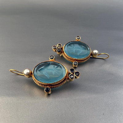 Blue Glass Intaglio Earrings, Bridal Style, Antique Gold Vermeil